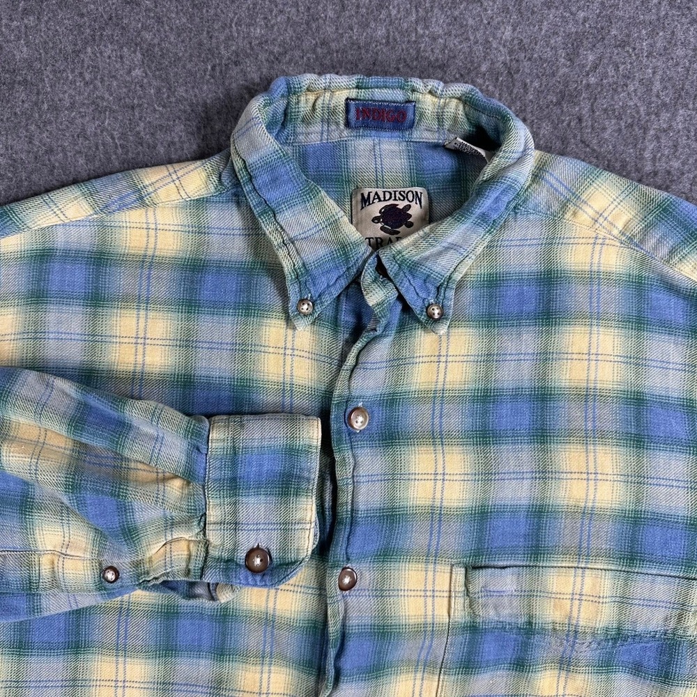 Madison Trader‎ Plaid Flannel Shirt Men Medium Blue Yellow Button Down - Picture 8 of 8
